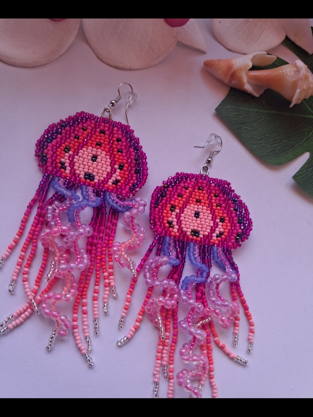 Handmade Beaded Jellyfish Earrings - Pink & Purple - Picture 2 of 4